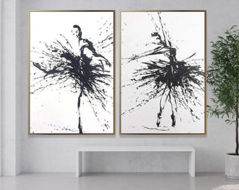 Grandes bailarinas abstractas pared arte lienzo blanco y negro pared arte impasto pintura al óleo díptico pared arte ballet bailarina arte pintura