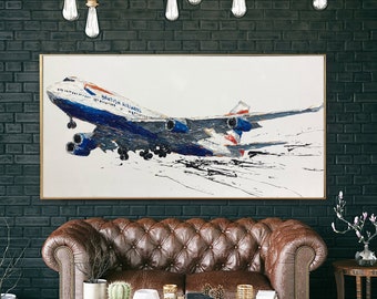 Abstract Airplane Paintings On Canvas British Aviation Company Art Impasto Painting Airbus Artwork 30x60 Art In Custom Size Wall Decor