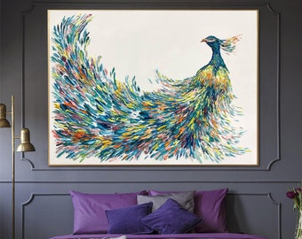 Abstract Peafowl Paintings On Canvas Colorful Peafowl Wall Art Wild Bird Painting Personalized Impasto Artwork 40x60 Art for Clinic Decor