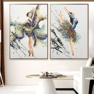 Ballerina impasto wall art set, two piece abstract oil paintings, elegant interior decor