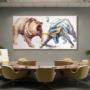 Oversized Bull and Bear Oil Painting: Abstract Wall Street Art