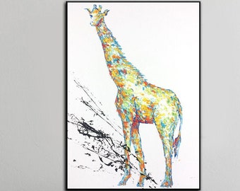 Grande peinture abstraite de girafe, art mural animalier moderne, empâtement, oeuvre d'art sauvage faite à la main