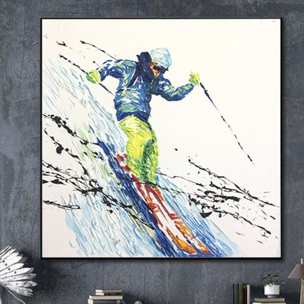 Extra Large Skier Original Abstract Artwork Sport Oil Paintings On Canvas Modern Impasto Painting Wither Sports Wall Art for Living Room