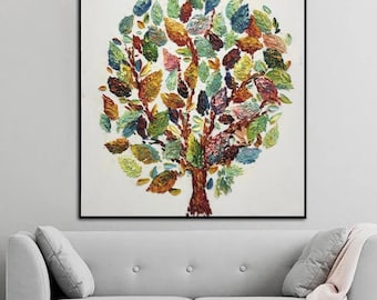 Original Vibrant Abstract Tree Painting Textured Acrylic Canvas Art
