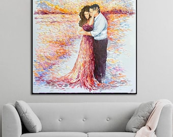 Hand-Painted Romantic Couple Art: Textured Acrylic Painting, Sunset Colors