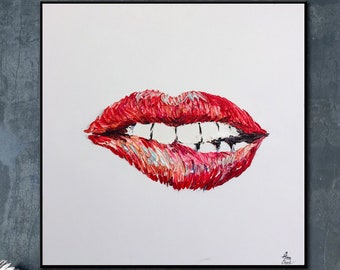 Large Red Lips Wall Art Canvas Impasto Oil Painting Woman Lips Artwork Red Wall Art 40x40 Art Customized Art for Clinic Wall Decor