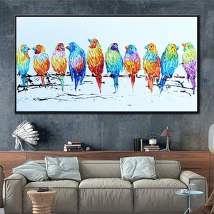 Colorful Birds Impasto Oil Painting: Large Abstract Art on Canvas