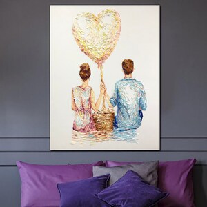 Romantic Couple Painting: Love Balloon Art, Hand-Painted Textured Canvas
