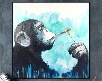 Large Monkey With a Cigarette Oil Painting Pop Art Monkey Paintings On Canvas Art Animal Artwork Blue Canvas Art Contemporary Abstract Art