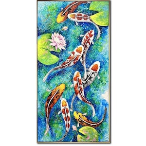 Koi Fish Pond Painting – Colorful Zen Water Lily Wall Art