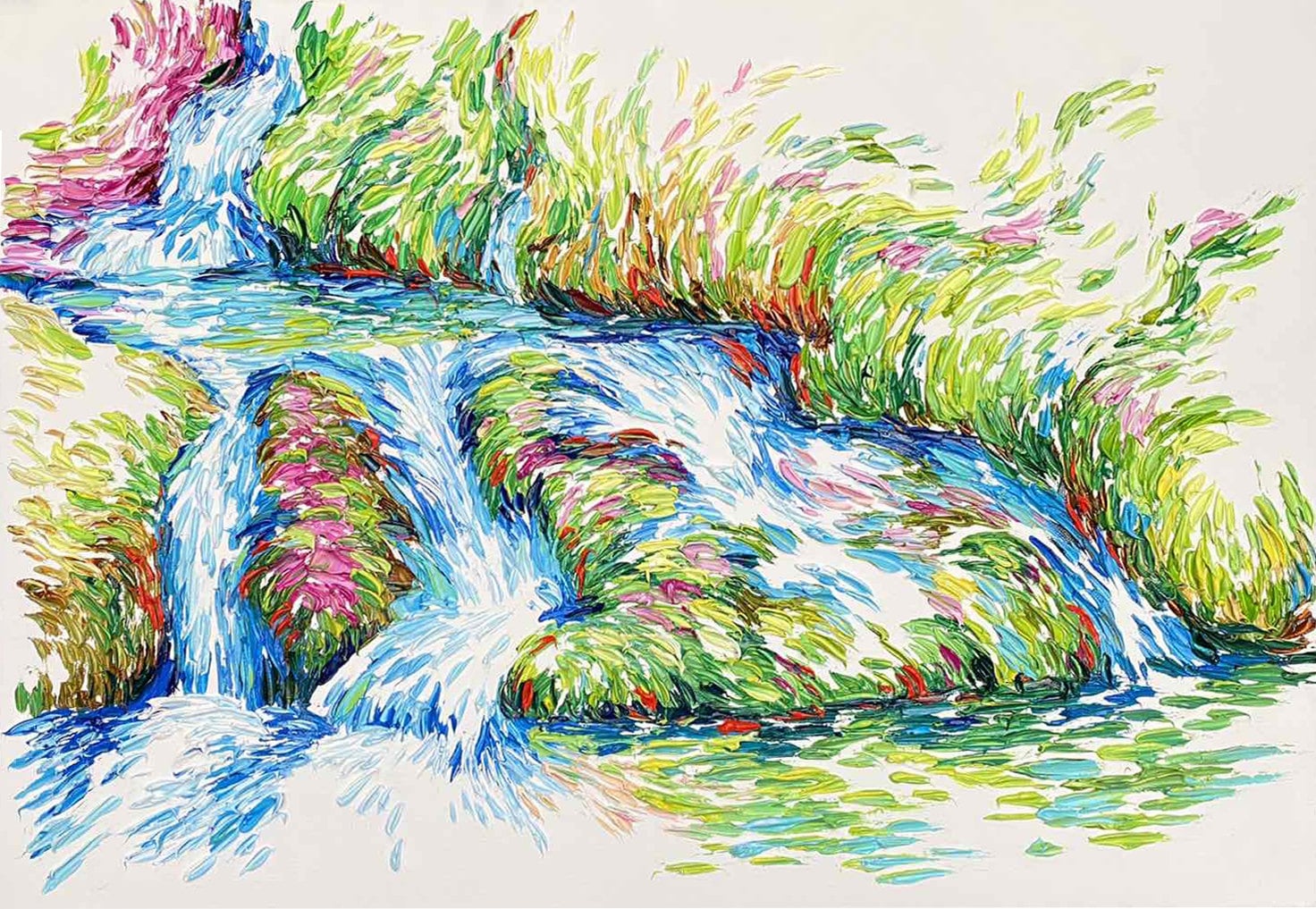 大きなカラフルな滝の絵画：印象派のアクリル自然アート - Etsy 日本