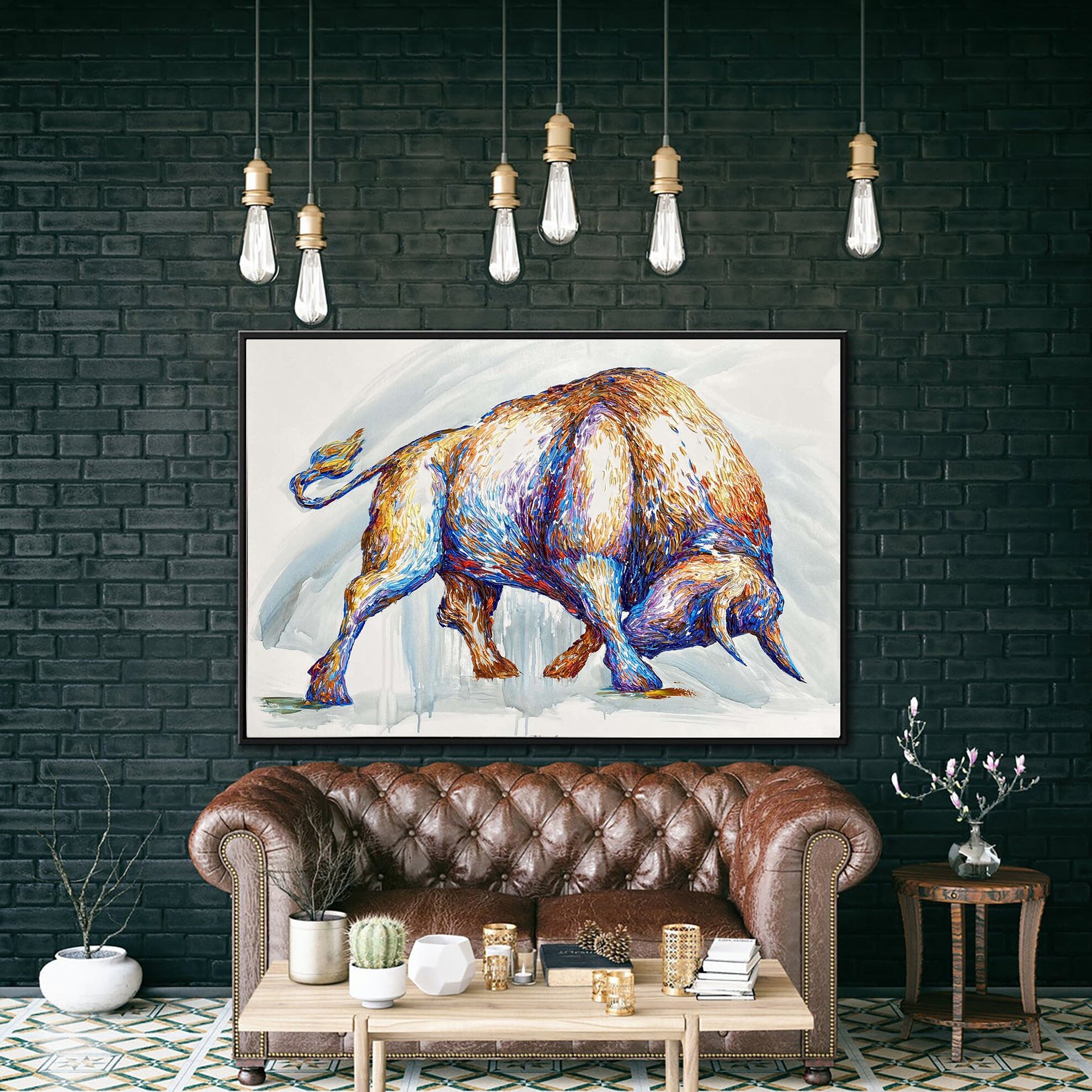 Extra Large Original Charging Bull Painting On Canvas Modern Etsy