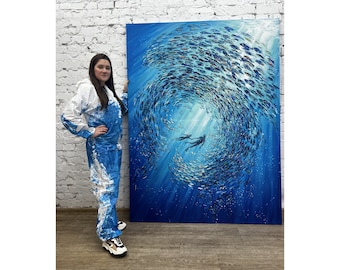 大きな魚の群れの油絵、手描きの水中アート、鮮やかな魚のアート、水中