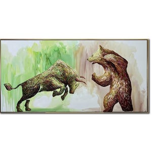 Bull and Bear Painting on Canvas Abstract Stock Market Art Finance Impasto Painting Modern Handmade Wall Decor for Office or Home