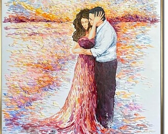 Abstract Romantic Couple Hand-Painted Art Textured Acrylic Painting On Canvas Sunset Colors Perfect Gift for Couples and Home Wall Decor