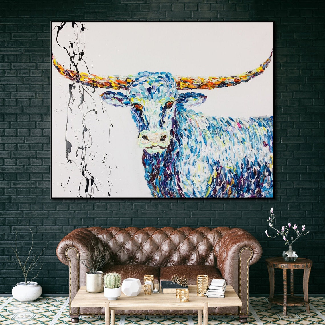 22x28 Abstract Longhorn Painting on Canvas Animal Wall Etsy