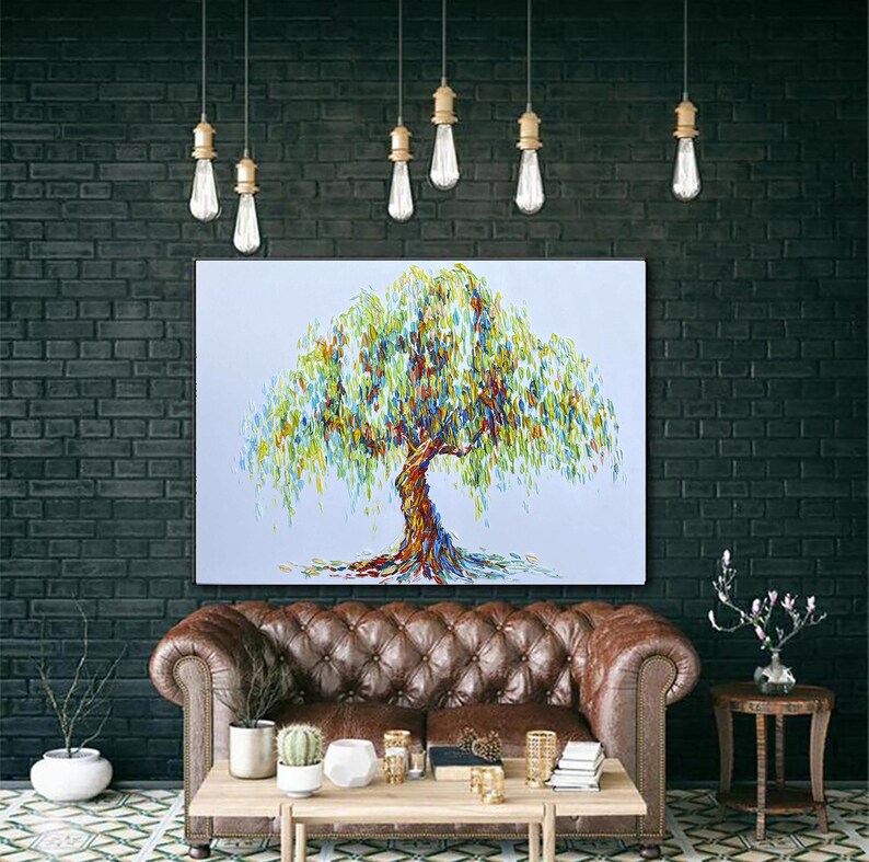 Large Abstract Tree Painting Weeping Willow Wall Art Etsy