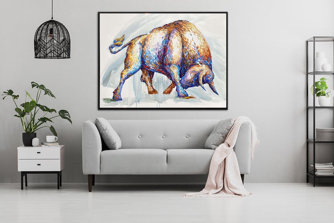 Large Original Charging Bull Painting on Canvas Abstract Etsy