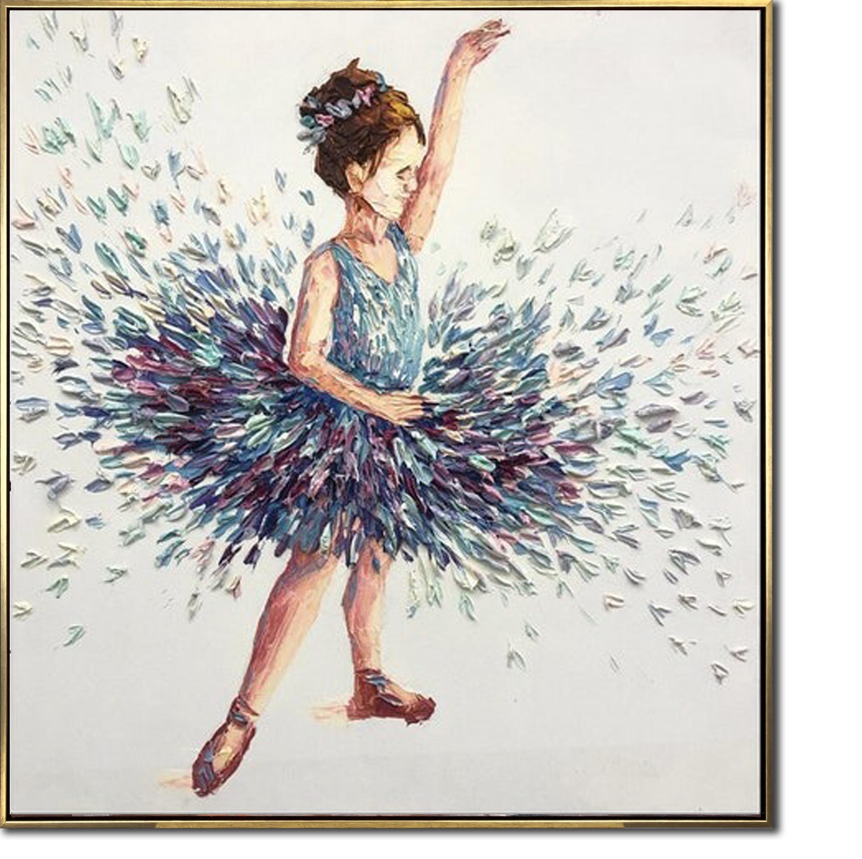 絵画 インテリア 額付(黒)油絵 F4-040414 可愛い女の子 バレエ 額入りバレリーナ絵画 オリジナル少女女性ダンサー印象派バレエ