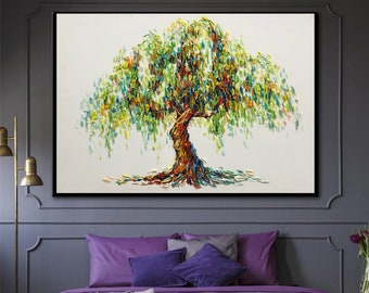 Gran árbol abstracto verde vibrante obra de arte regalo para los amantes de la naturaleza Decoración de la sala de estar