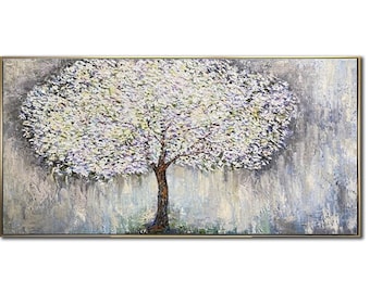 Large Abstract Tree Art on Canvas Minimalist Textured Painting Soft Neutral Tones Modern Nature-Inspired Impasto Art for Living Room Decor