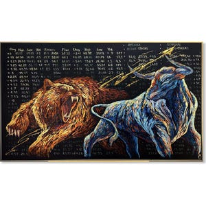 Bull and Bear Stock Market Painting Modern Wall Street Office Decor