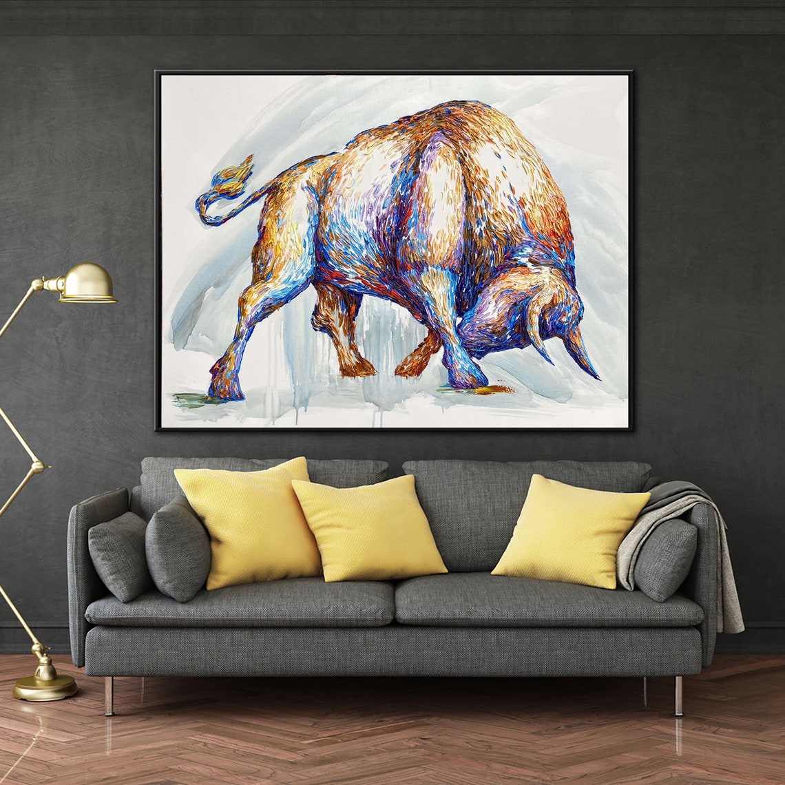 Extra Large Original Charging Bull Painting On Canvas Modern Etsy