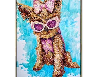 Abstract Funny Dog with Glasses Paintings On Canvas Colorful Yorkie Pop Art Whimsical Pet Lover Gift Painting from Photo Cute Animal Decor