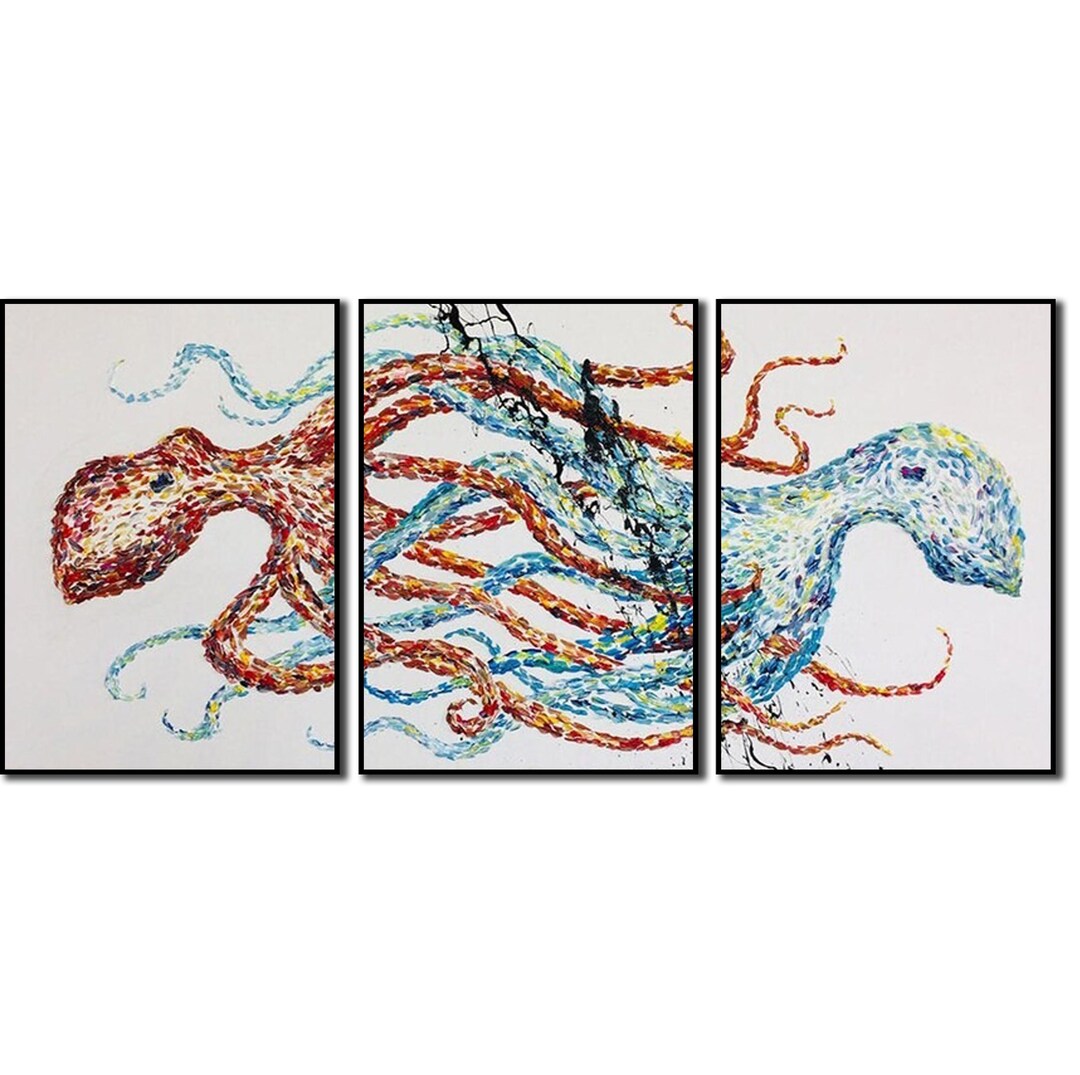 Abstract Octopus Art Triptych Paintings on Canvas Impasto Oil Artwork ...