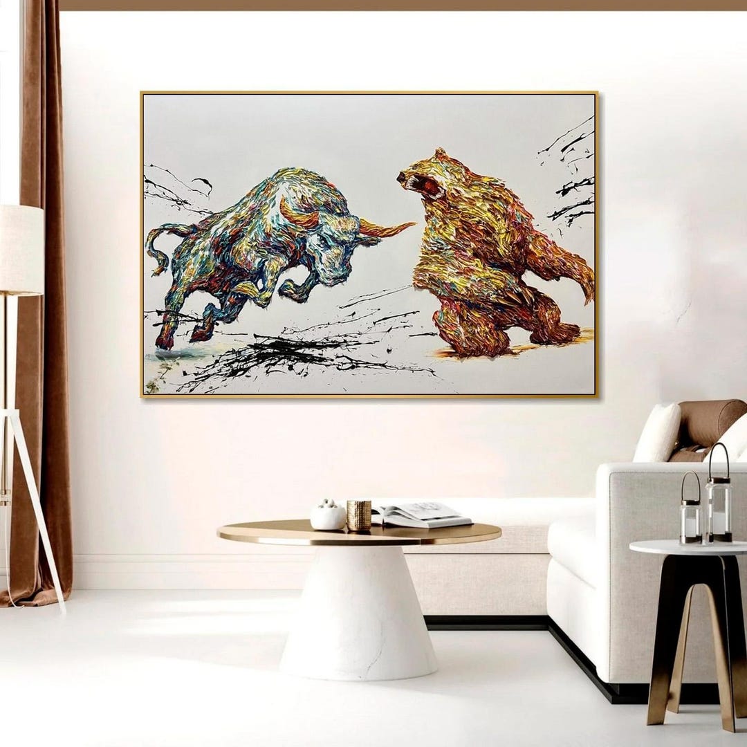 Colorful Bull Vs Bear Battle Abstract: Large Textured Impasto Canvas ...