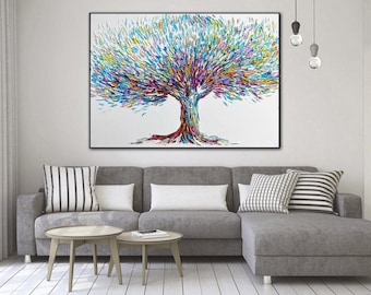 Colorful Abstract Tree of Life Wall Art, Large Textured Palette Knife Painting for Nursery