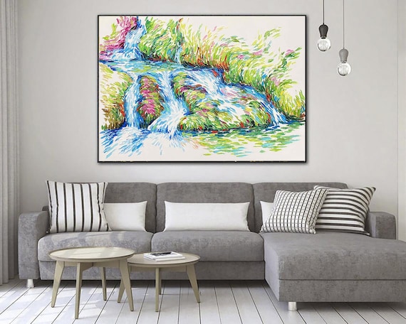 滝のアクリル画 大きい 抽象画 大きなカラフルな滝の絵画：印象派のアクリル自然アート - Etsy 日本