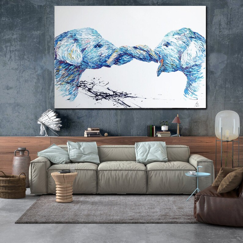 Extra Large Wall Art Elephant Paintings On Canvas Two Elephant Etsy