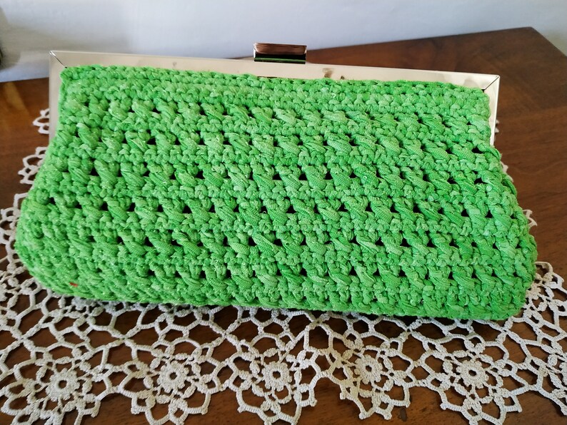 acid green with click clac closure Pretty handmade clutch bag crocheted