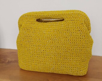 Pochette, Sac d’embrayage au crochet, Sac fait à la main, , Sac pour femmes jaune et argent lurex. pour cérémonie, mariage, soirée. Cadeau pour elle, pour maman