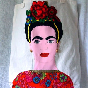 Unique, artisanal, coton, épaule, sac, cousu à la main, design, célèbre, peintre, Frida, Kahlo, fait main, matériaux mélangés