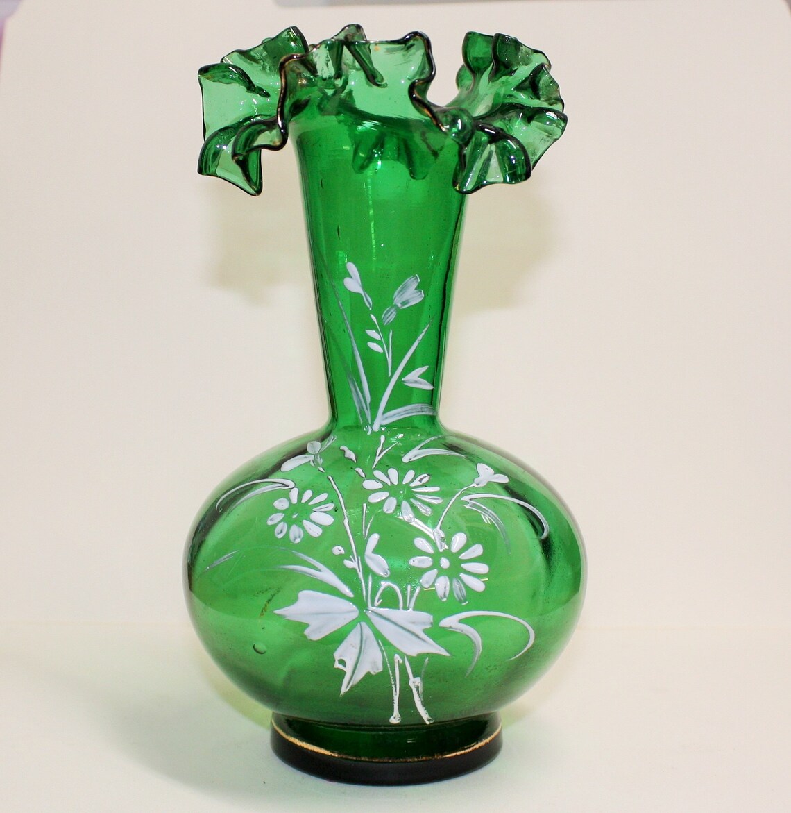 7 Blown Green Ruffle Top Art Glass Vase with Enamel Etsy