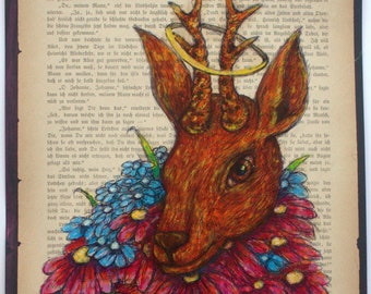 ORIGINAL Painting Vintage Dictionary Old Book Page NO POSTER Deer Bambi Deer