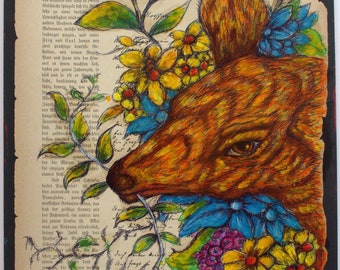 ORIGINAL Painting Vintage Dictionary Old Book Page NO POSTER Deer Bambi