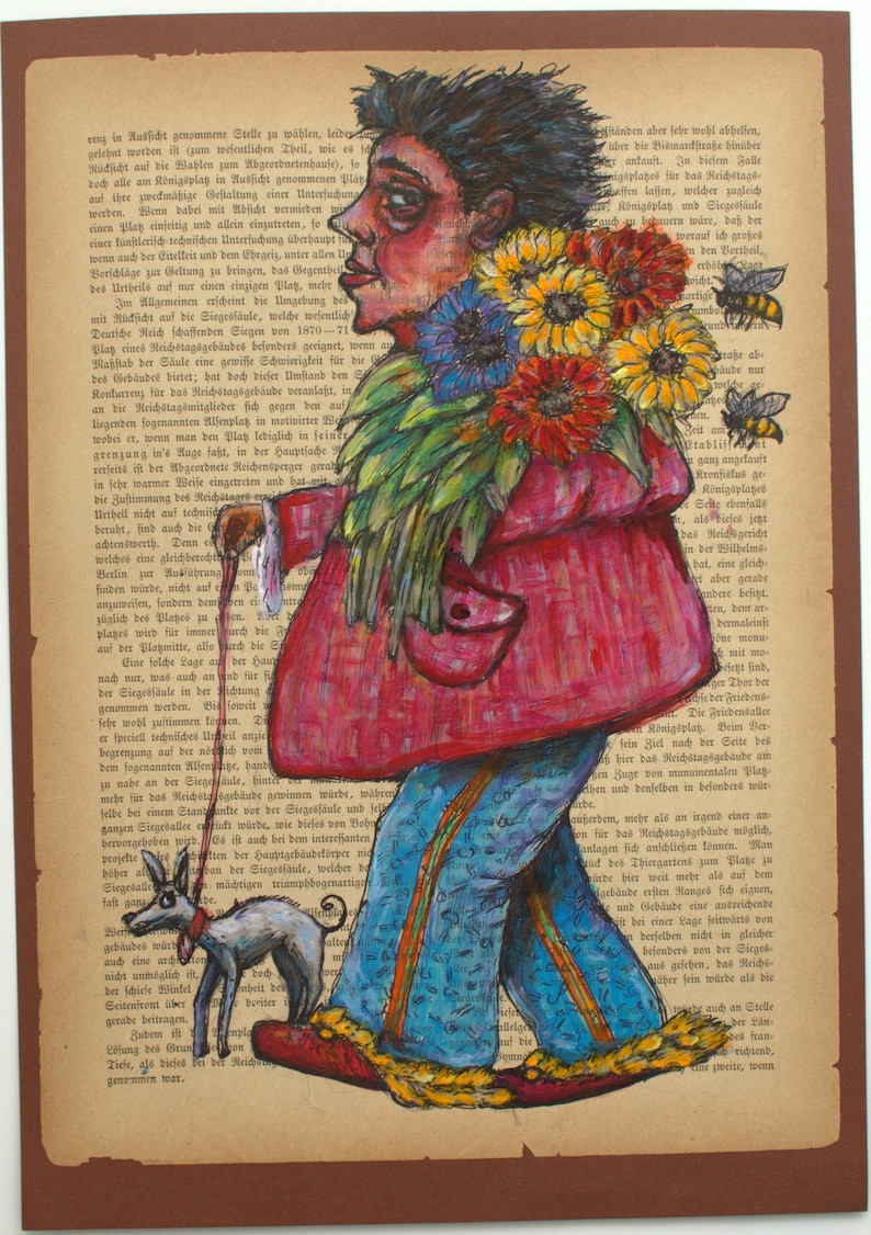 ORIGINAL Painting Vintage Dictionary Old Book Page NO POSTER Woman Flowers Man Dog image 1