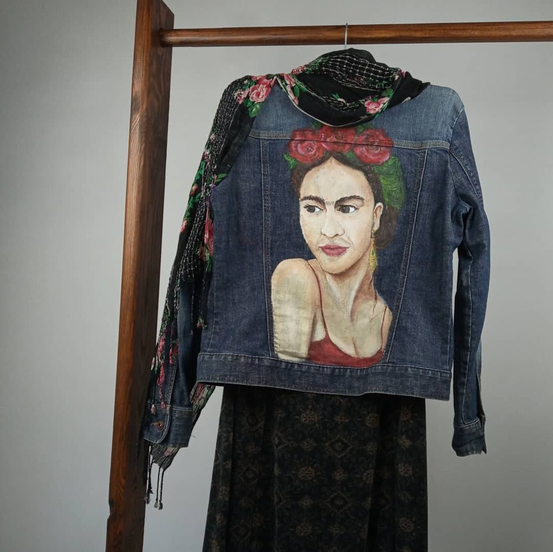 Blue jeans jacket with Frida Kahlo Hand painted of Frida Denim | Etsy