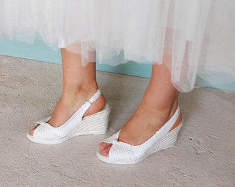 Espadrilles de mariée, sandales de mariée, compensées de 6,5 cm ou 8,3 cm, sandales pour mariage à la plage, sandales de mariée de plage
