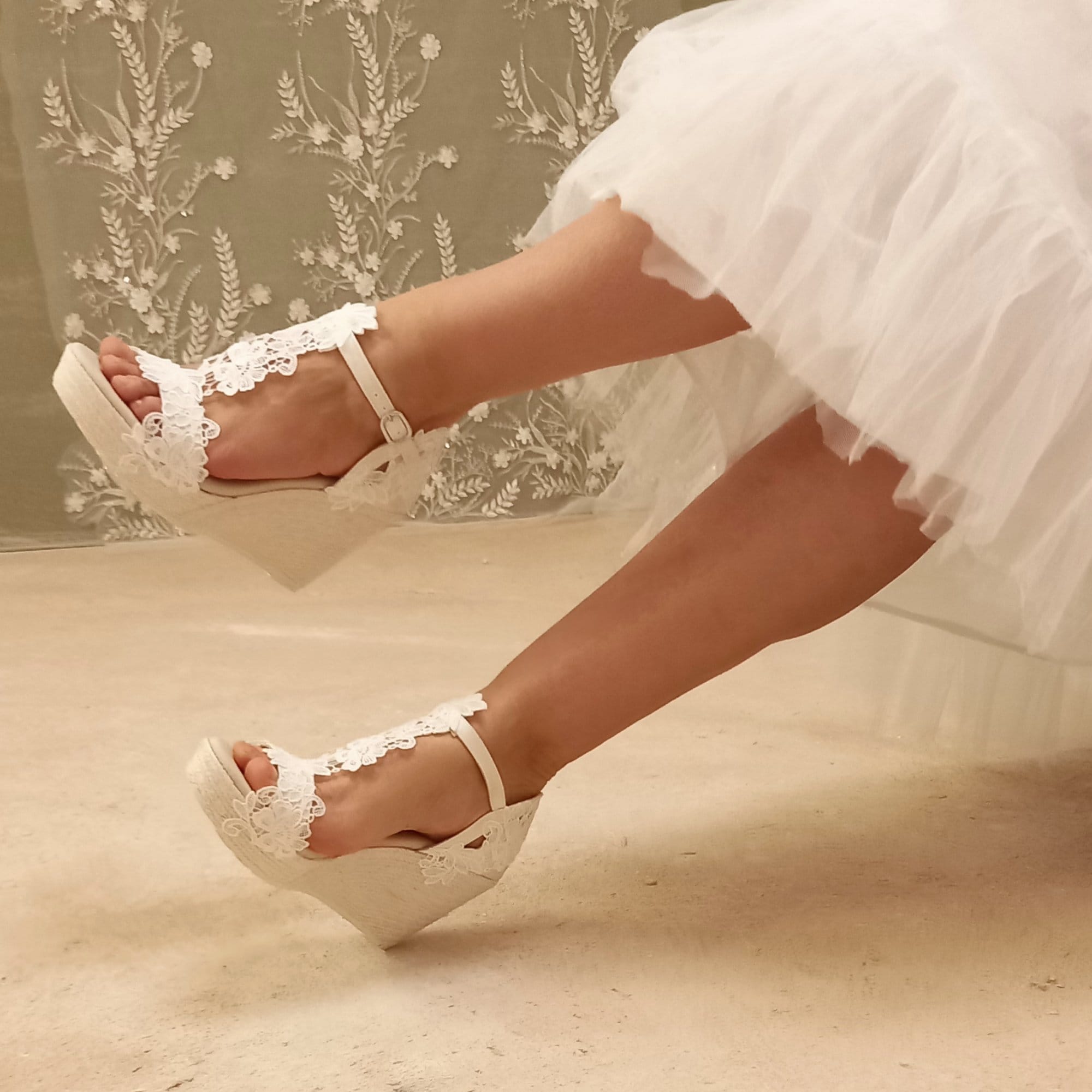 Su.cheny 5.5 " Talon Blanc Perle Dentelle Fleurs Plateforme Chaussures