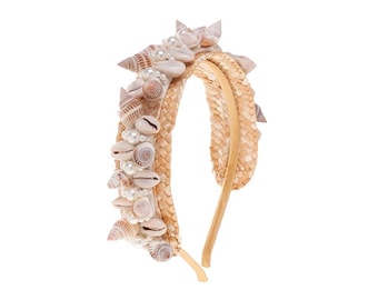 Diadema de rafia con flores y conchas / Bandeau pour demoiselles d'honneur / Diadema de fiesta / Tocado para madrinas para fiesta / Bandeau de mariée