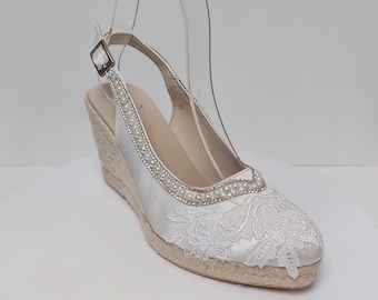 Bridal Espadrille Wedges, Satin Pearls Beach Wedding Sandals