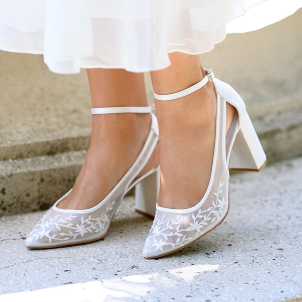 Scarpe da sposa con pizzo, sandali da sposa bianco sporco, scarpe da sposa con tacco largo e punta chiusa, scarpe da sposa con tacco basso, scarpe da sposa