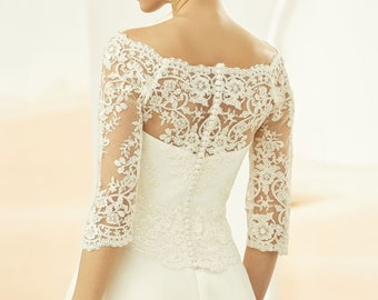 Bolero Nupcial Boho Lace, Chaqueta Novia de Encaje, Funda de Encaje novia, Bolero novia cuello de barco, Top encaje novias