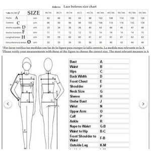 May include: Lace bolero size chart with a diagram of a woman's body with measurements labeled. The chart includes sizes from 36 to 54 and measurements in centimeters for bust, waist, hips, back width, front chest, shoulder, neck size, sleeve, under bust, wrist, upper arm, calf, ankle, nape to waist, waist to hip, front shoulder to waist, and outside leg.