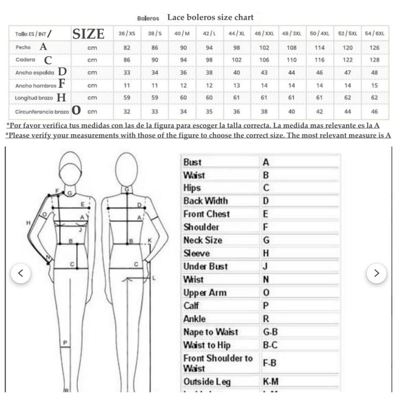 May include: Lace bolero size chart with a diagram of a woman's body with measurements labeled. The chart includes sizes from 36 to 54 and measurements in centimeters for bust, waist, hips, back width, front chest, shoulder, neck size, sleeve, under bust, wrist, upper arm, calf, ankle, nape to waist, waist to hip, front shoulder to waist, and outside leg.