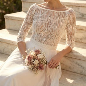 Braut Top Overlay aus Spitze, Off White Hochzeit Cover-Up, Braut Bolero Langarm